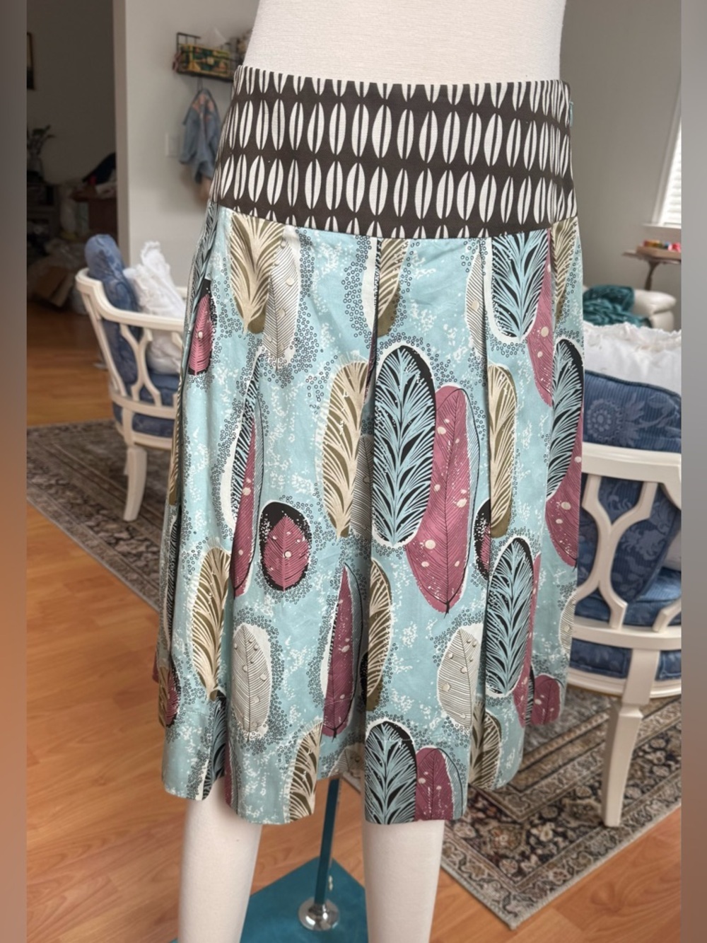 Feather-Print Circle Skirt in Aqua and Pink